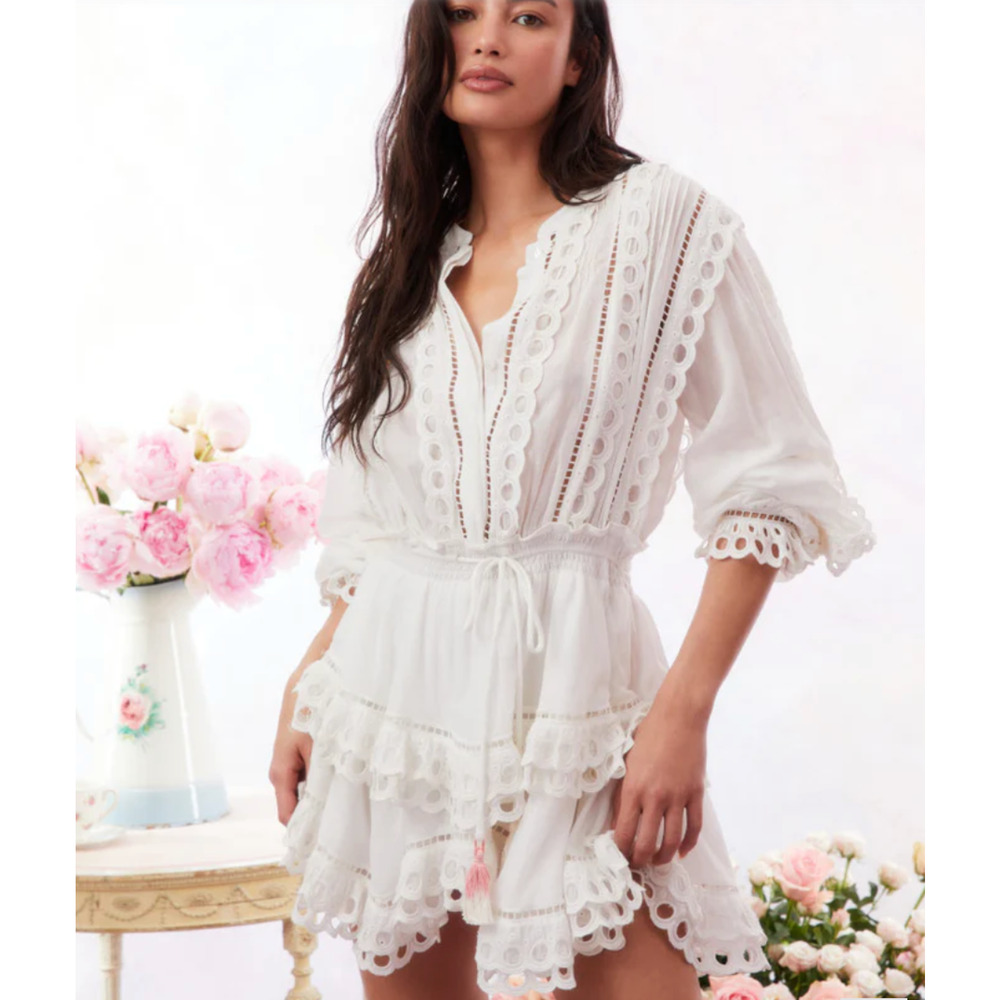 Love Shack Fancy Tindra Ruffle, Handkerchief Hem Resort Mini Dress $595 - XL